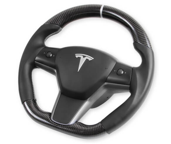 Rekudo - Carbon Fiber Steering Wheel w/ Leather Grips - Tesla Model 3/Model Y