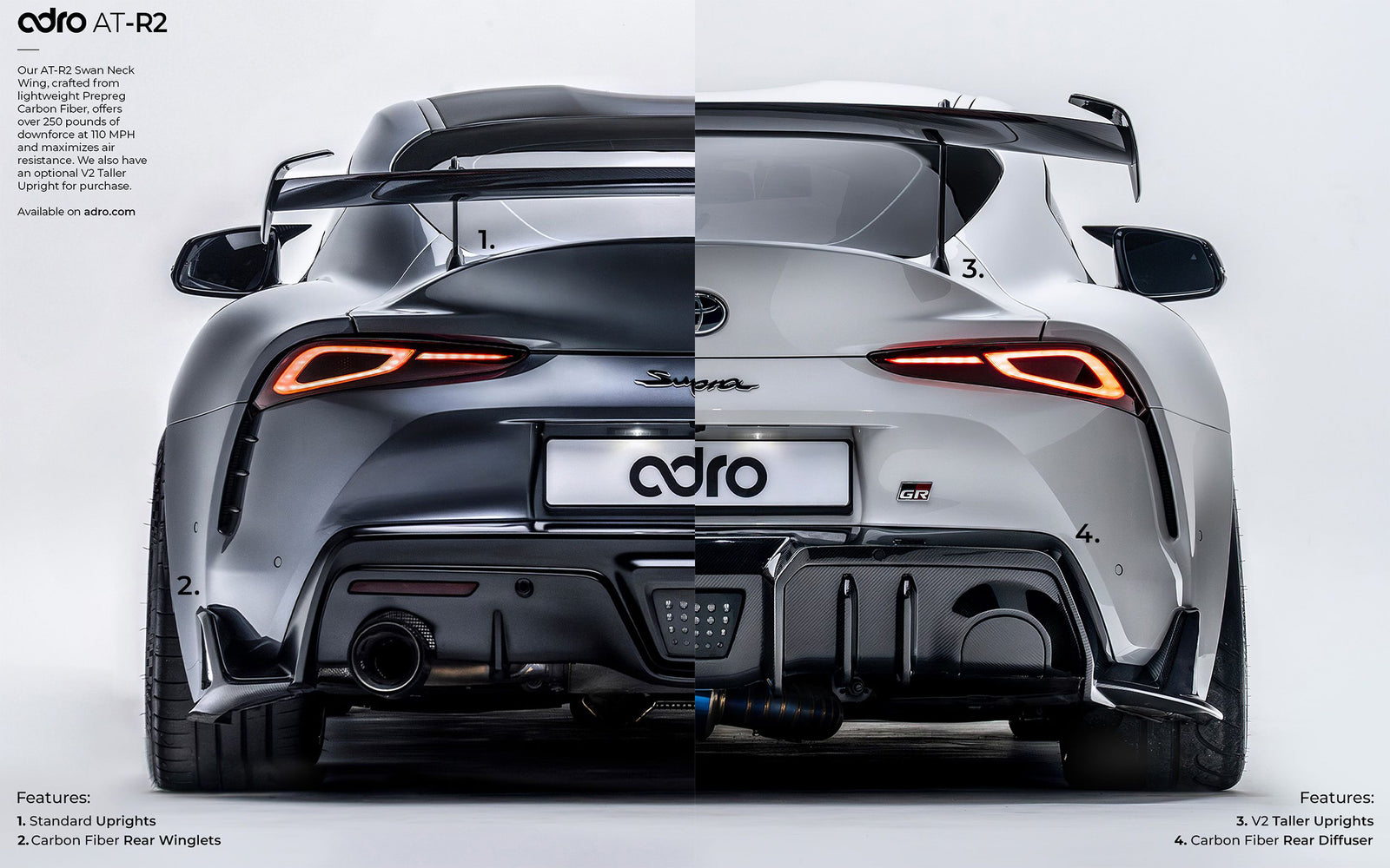 ADRO Premium Prepreg AT-R2 Carbon Fiber Swan Neck Wing For Toyota A90 Supra