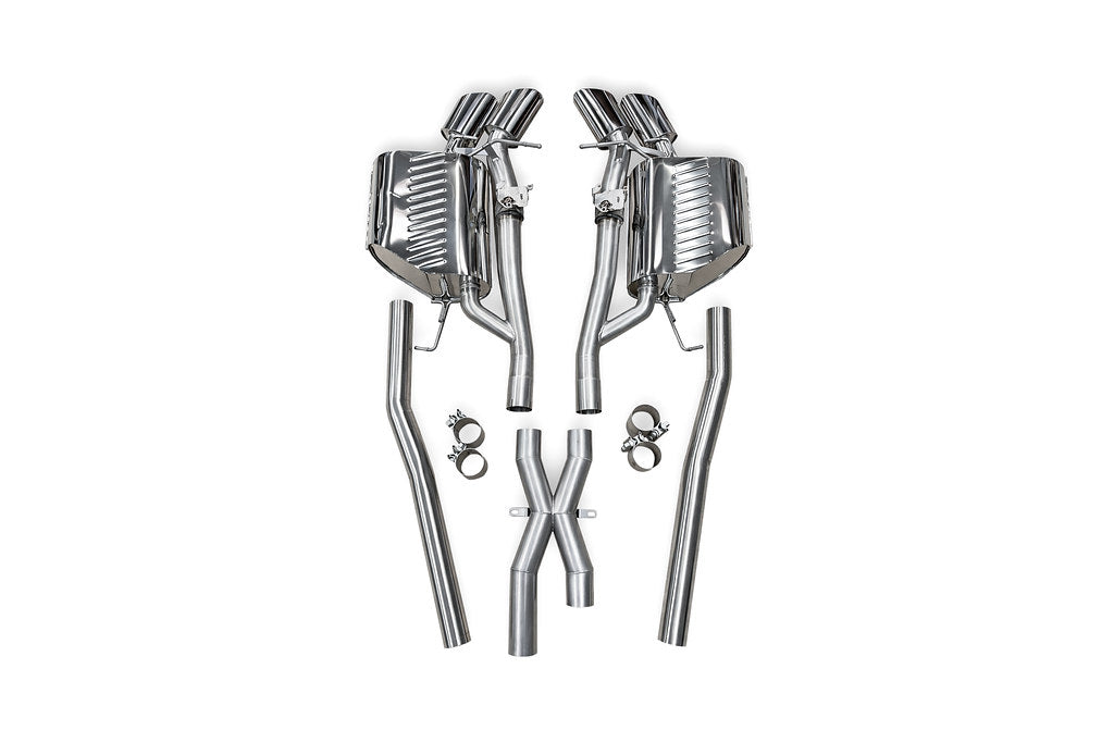 Eisenmann valved performance exhaust system for BMW E60 M5 with stainless steel construction and center X-pipe shown on a white background