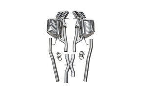 Eisenmann valved performance exhaust system for BMW E60 M5 with stainless steel construction and center X-pipe shown on a white background