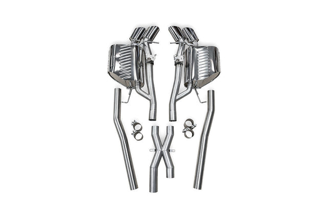 Eisenmann valved performance exhaust system for BMW E60 M5 with stainless steel construction and center X-pipe shown on a white background