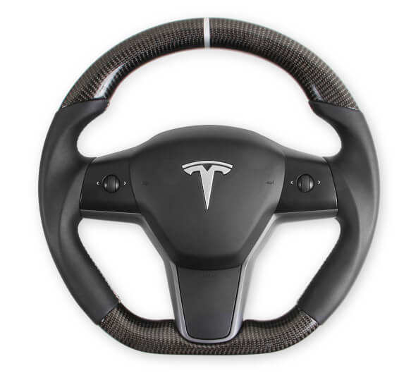 Rekudo - Carbon Fiber Steering Wheel w/ Leather Grips - Tesla Model 3/Model Y