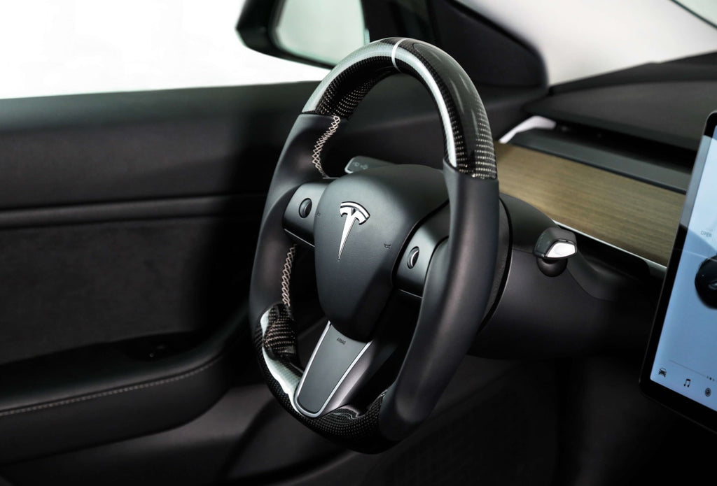 Rekudo - Carbon Fiber Steering Wheel w/ Leather Grips - Tesla Model 3/Model Y