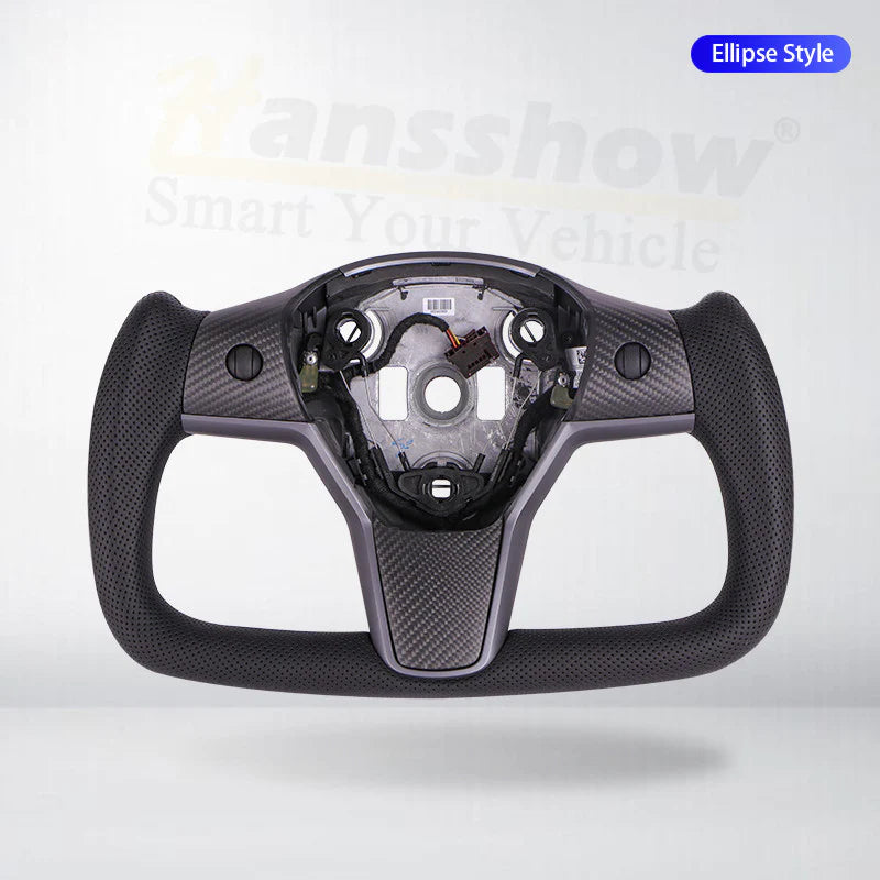 Hansshow -  Ellipse Yoke Steering Wheel (Black Perforated Leather, Non-Heated) - Tesla Model 3/Model Y