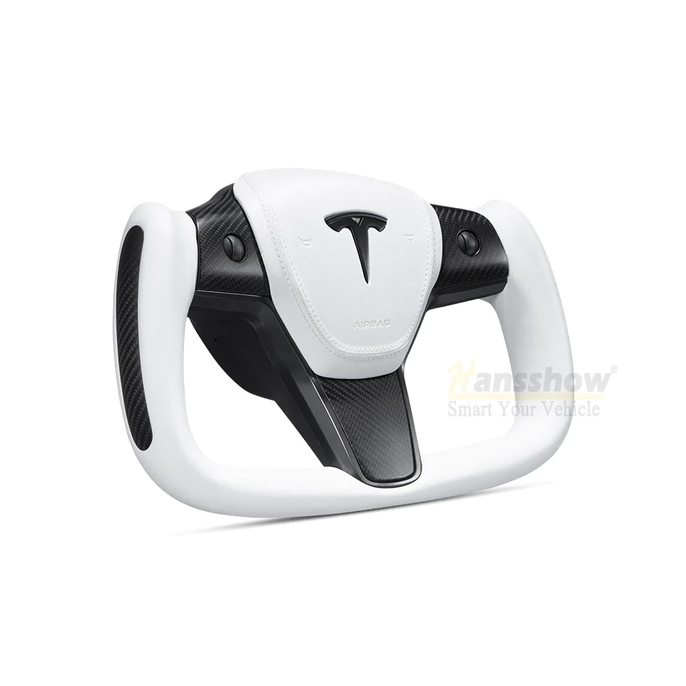 Hansshow -  Ellipse Yoke Steering Wheel (White Nappa Leather, Non-Heated) - Tesla Model 3/Model Y