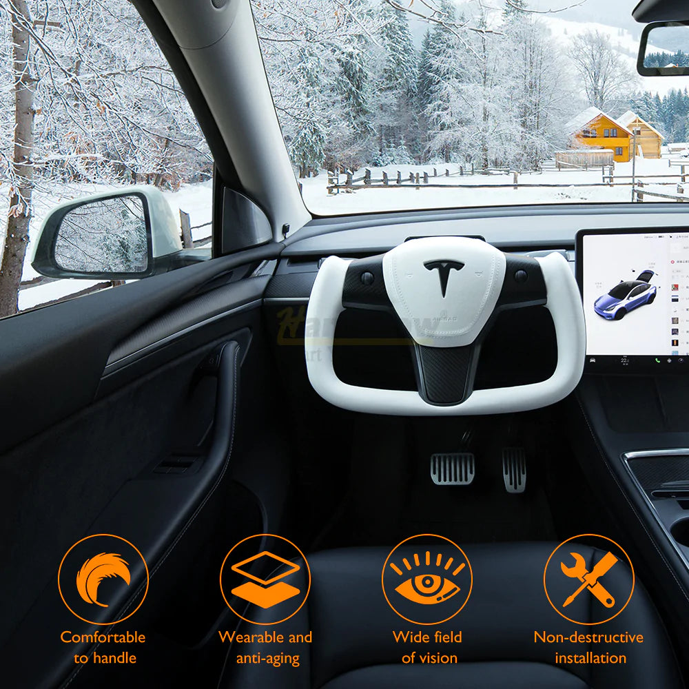 Hansshow -  Ellipse Yoke Steering Wheel (White Nappa Leather, Non-Heated) - Tesla Model 3/Model Y
