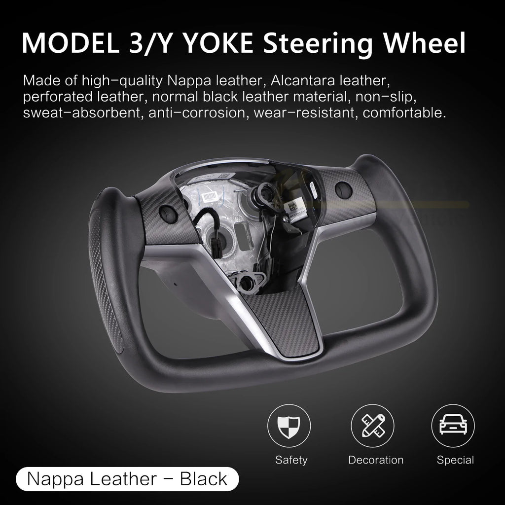 Hansshow -  Ellipse Yoke Steering Wheel (Black Nappa Leather, Heated) - Tesla Model 3/Model Y