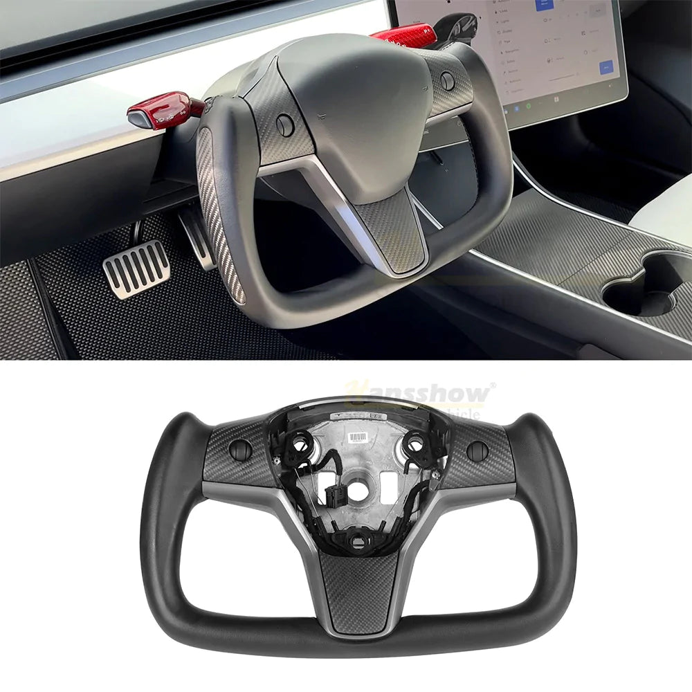 Hansshow -  Ellipse Yoke Steering Wheel (Black Perforated Leather, Non-Heated) - Tesla Model 3/Model Y